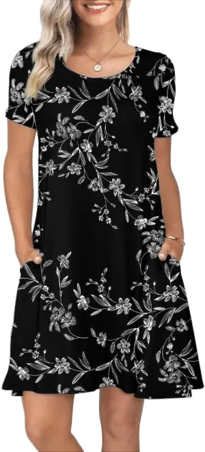 Women's Summer Casual Short Sleeve Crew Neck T Shirt Dresses Loose Swing with Pockets