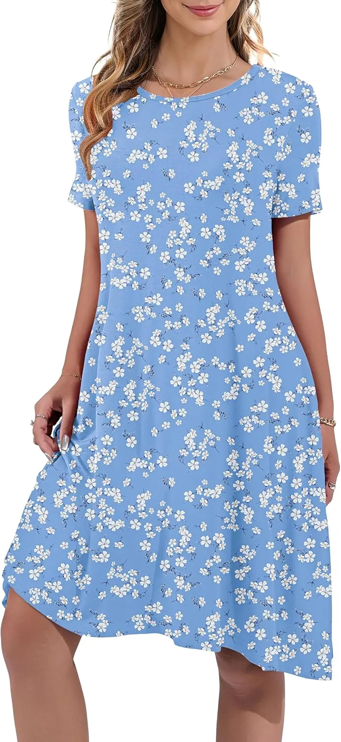 Women's Summer Casual Short Sleeve Crew Neck T Shirt Dresses Loose Swing with Pockets