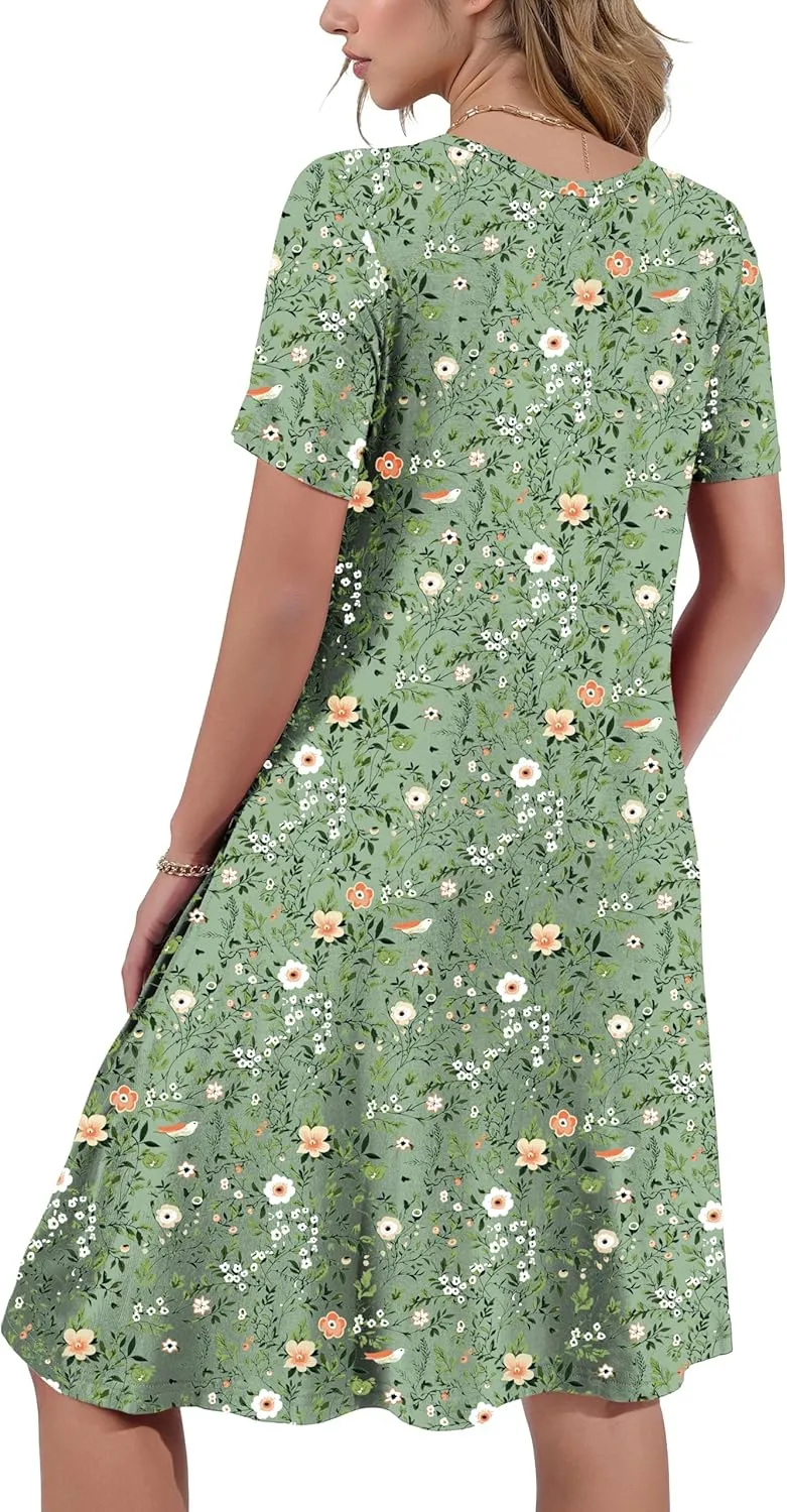 Women's Summer Casual Short Sleeve Crew Neck T Shirt Dresses Loose Swing with Pockets