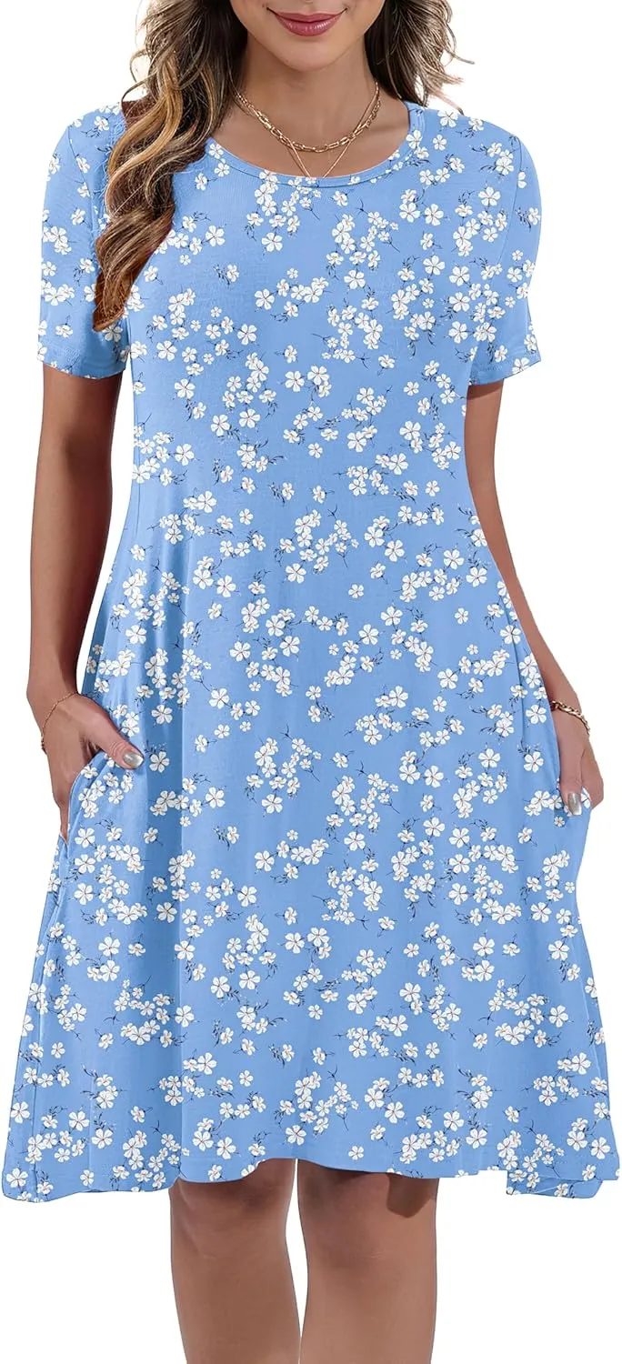 Women's Summer Casual Short Sleeve Crew Neck T Shirt Dresses Loose Swing with Pockets