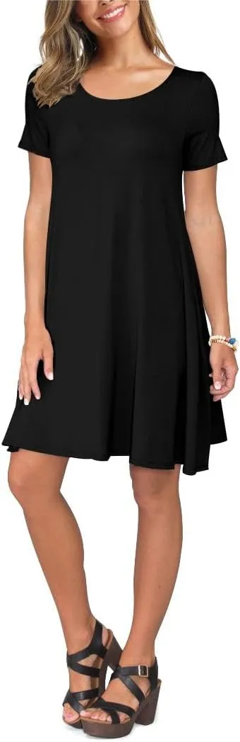 Women's Summer Casual Short Sleeve Crew Neck T Shirt Dresses Loose Swing with Pockets