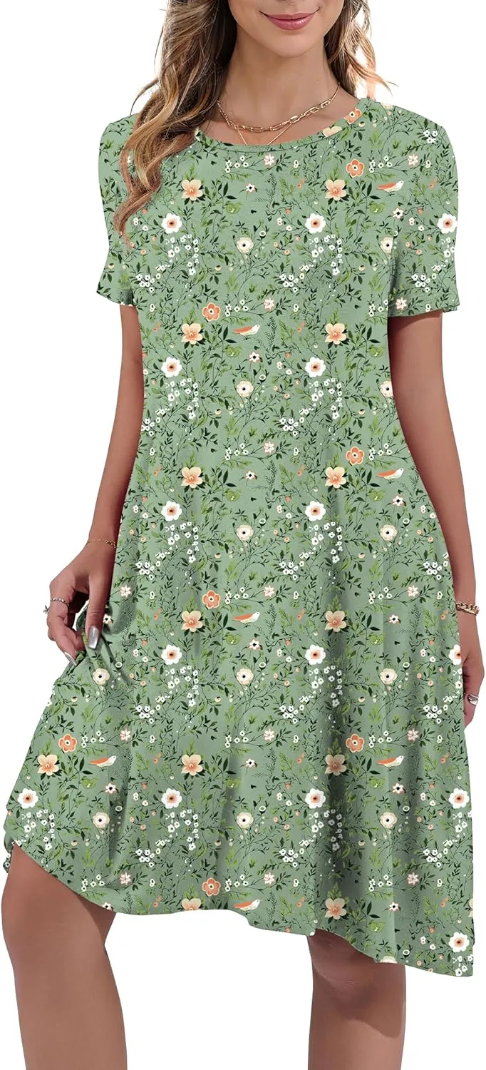 Women's Summer Casual Short Sleeve Crew Neck T Shirt Dresses Loose Swing with Pockets