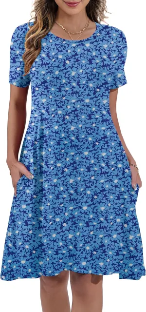 Women's Summer Casual Short Sleeve Crew Neck T Shirt Dresses Loose Swing with Pockets