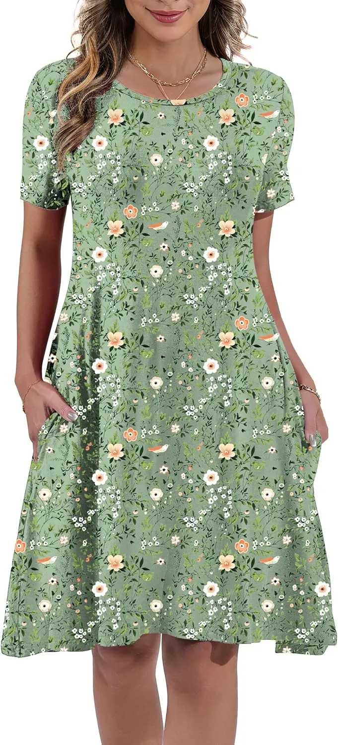 Women's Summer Casual Short Sleeve Crew Neck T Shirt Dresses Loose Swing with Pockets