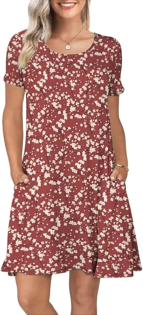Women's Summer Casual Short Sleeve Crew Neck T Shirt Dresses Loose Swing with Pockets
