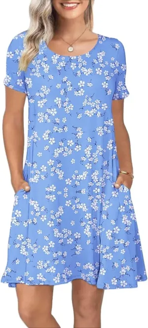 Women's Summer Casual Short Sleeve Crew Neck T Shirt Dresses Loose Swing with Pockets