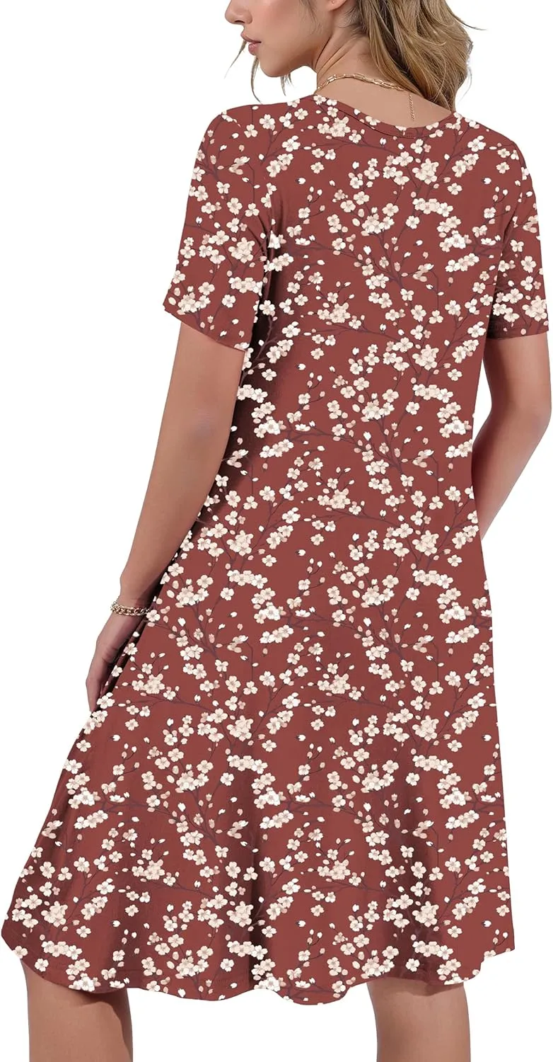 Women's Summer Casual Short Sleeve Crew Neck T Shirt Dresses Loose Swing with Pockets