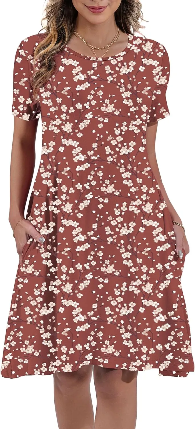 Women's Summer Casual Short Sleeve Crew Neck T Shirt Dresses Loose Swing with Pockets