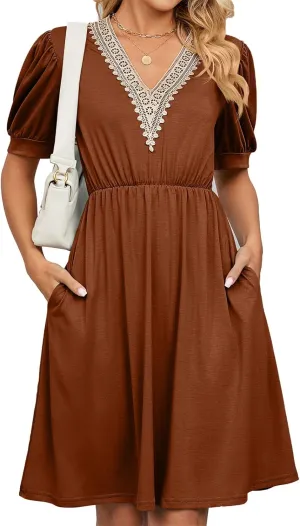 Women's Summer Dress A line Waisted Midi Dresses Lace V Neck Puff Short Sleeve Sundress Casual Cotton Beach Dress