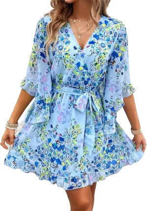 Women's Summer Dress Casual Floral Ruffled 3/4 Sleeve Boho Mini Dress Sexy V Neck A-Line Swing Chiffon Dresses