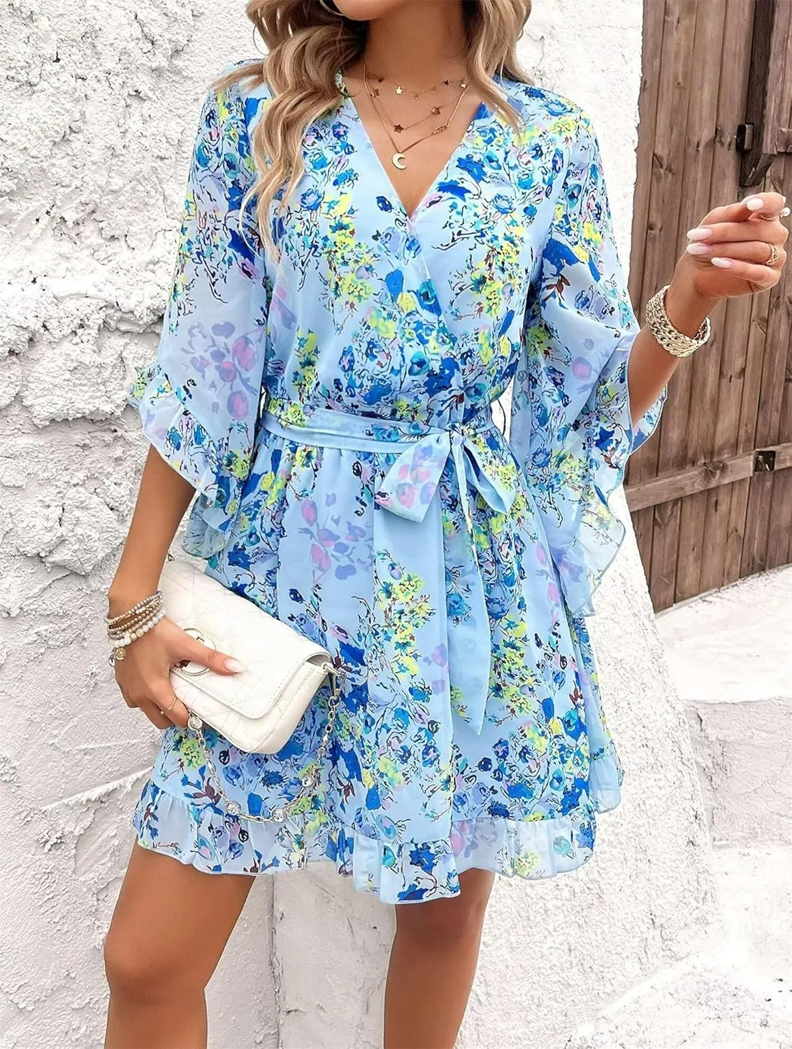Women's Summer Dress Casual Floral Ruffled 3/4 Sleeve Boho Mini Dress Sexy V Neck A-Line Swing Chiffon Dresses