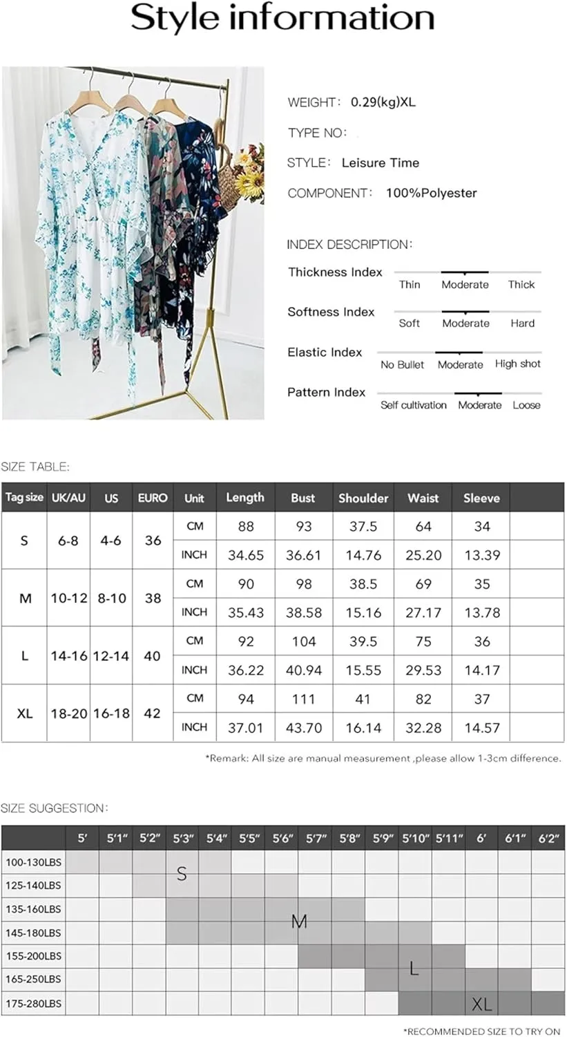Women's Summer Dress Casual Floral Ruffled 3/4 Sleeve Boho Mini Dress Sexy V Neck A-Line Swing Chiffon Dresses