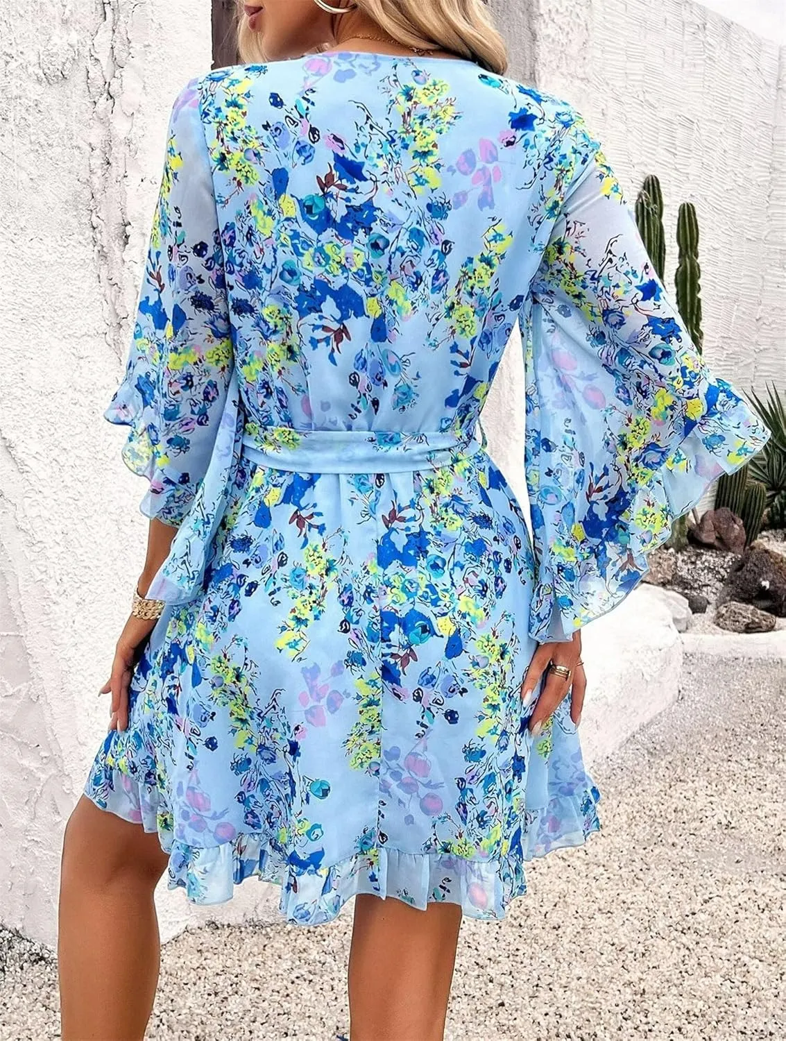 Women's Summer Dress Casual Floral Ruffled 3/4 Sleeve Boho Mini Dress Sexy V Neck A-Line Swing Chiffon Dresses