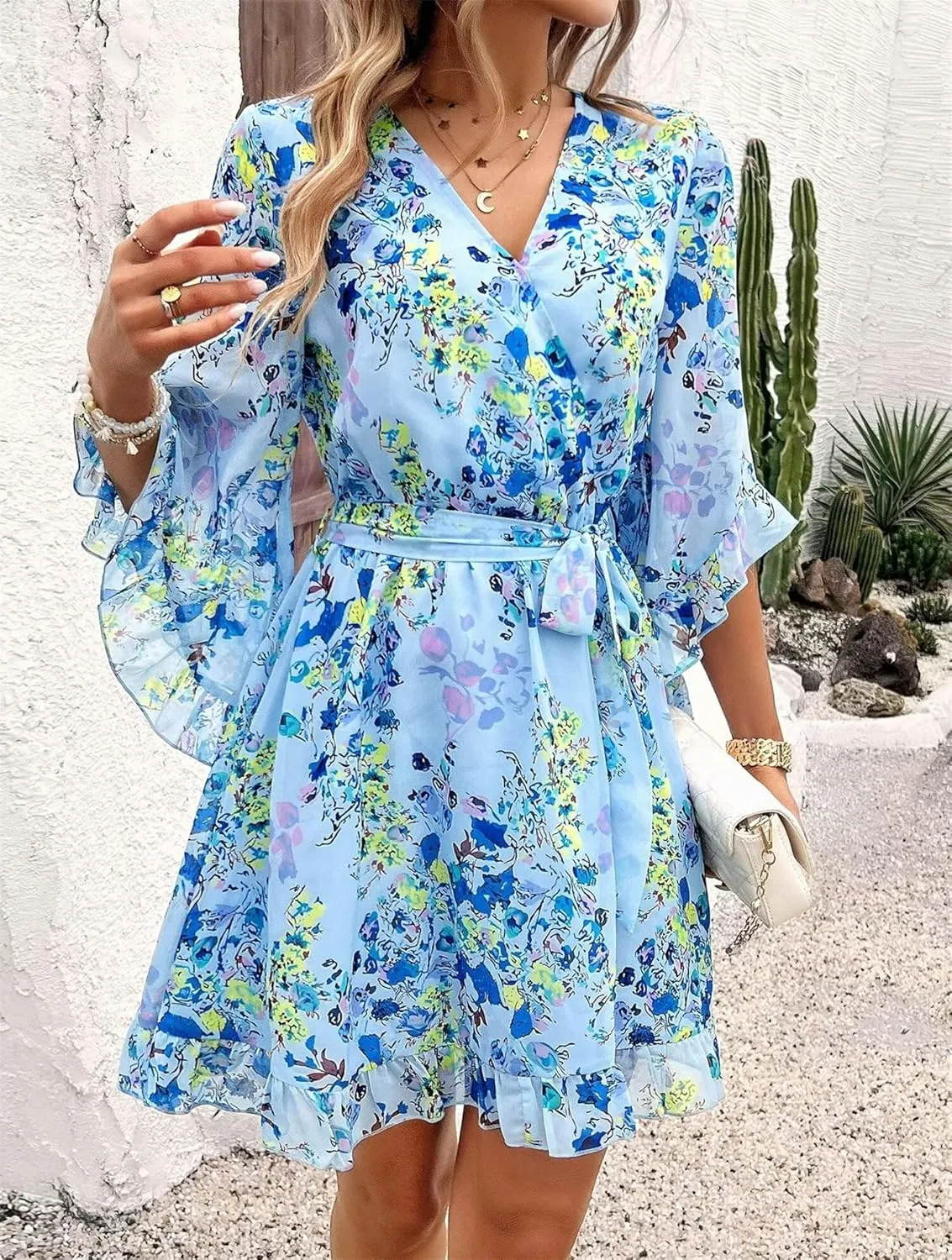Women's Summer Dress Casual Floral Ruffled 3/4 Sleeve Boho Mini Dress Sexy V Neck A-Line Swing Chiffon Dresses