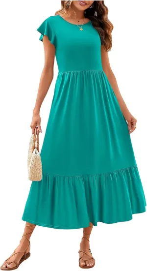 Women's Summer Dress Crew Neck Short Sleeve Dresses Casual Midi Dresses Smocked Elastic Waist Tiered A-Line Dress