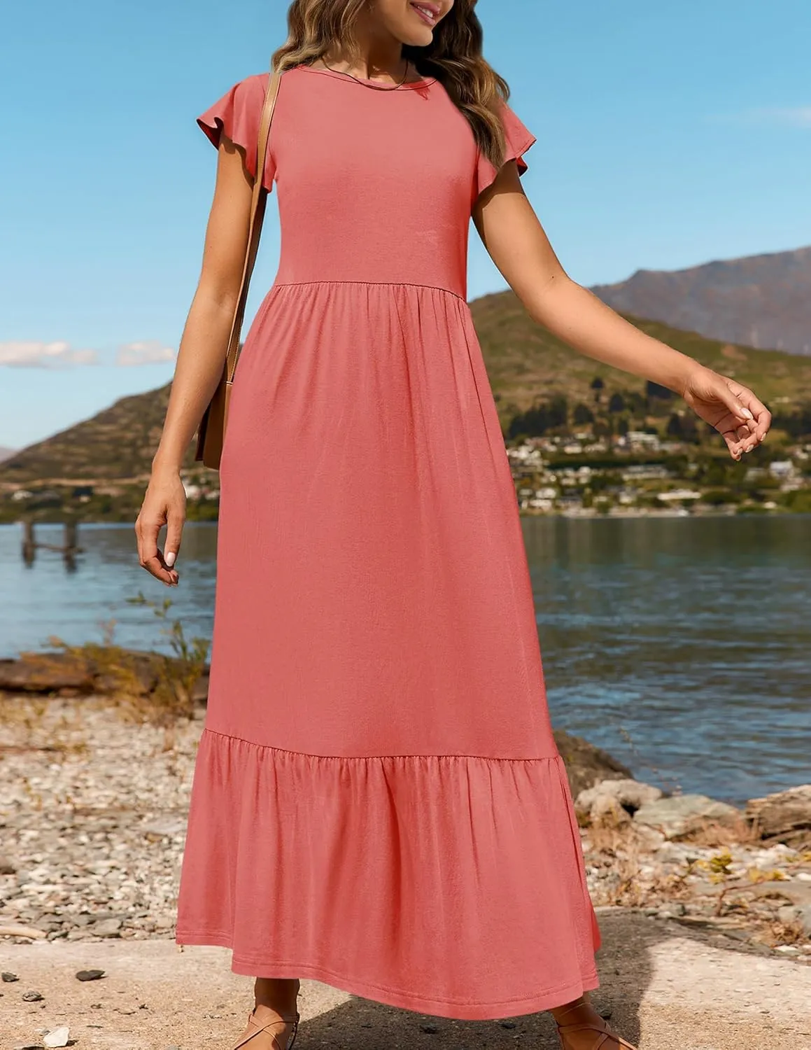 Women's Summer Dress Crew Neck Short Sleeve Dresses Casual Midi Dresses Smocked Elastic Waist Tiered A-Line Dress