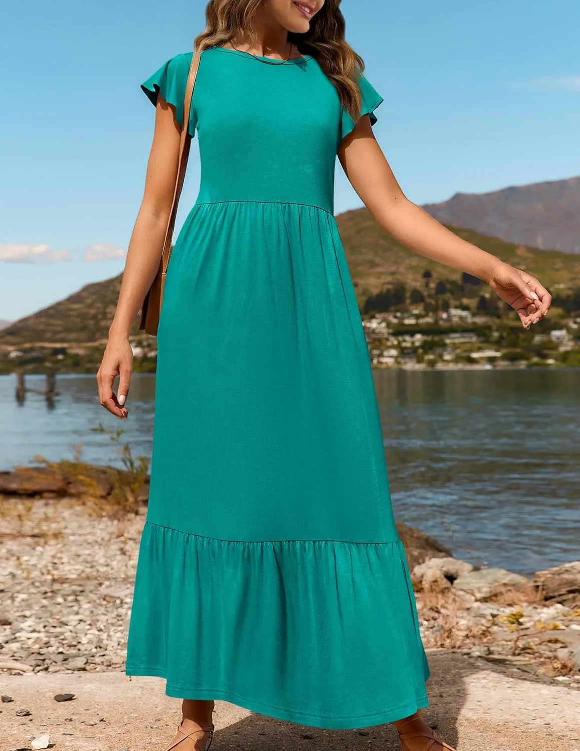 Women's Summer Dress Crew Neck Short Sleeve Dresses Casual Midi Dresses Smocked Elastic Waist Tiered A-Line Dress