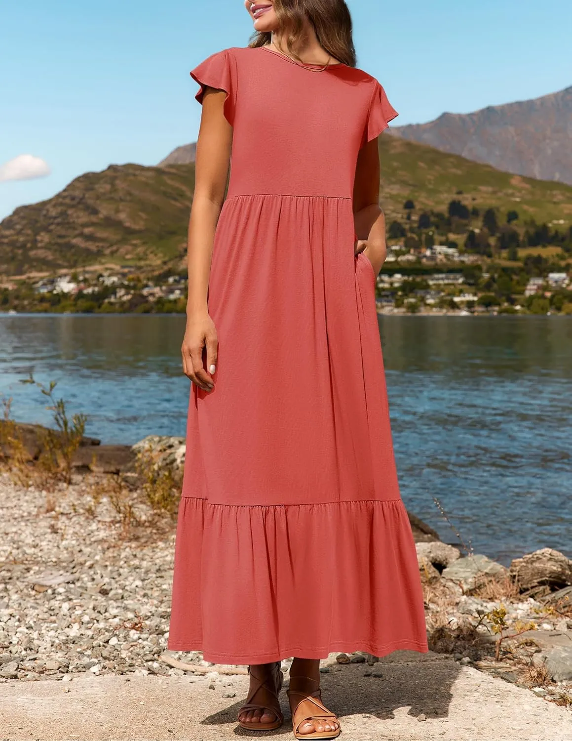 Women's Summer Dress Crew Neck Short Sleeve Dresses Casual Midi Dresses Smocked Elastic Waist Tiered A-Line Dress