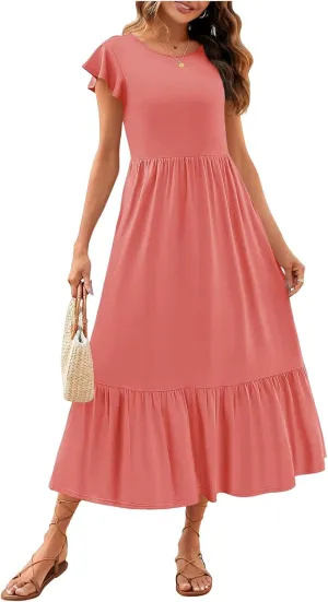 Women's Summer Dress Crew Neck Short Sleeve Dresses Casual Midi Dresses Smocked Elastic Waist Tiered A-Line Dress