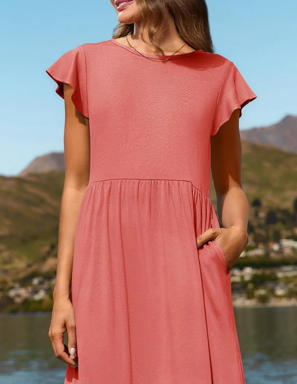 Women's Summer Dress Crew Neck Short Sleeve Dresses Casual Midi Dresses Smocked Elastic Waist Tiered A-Line Dress