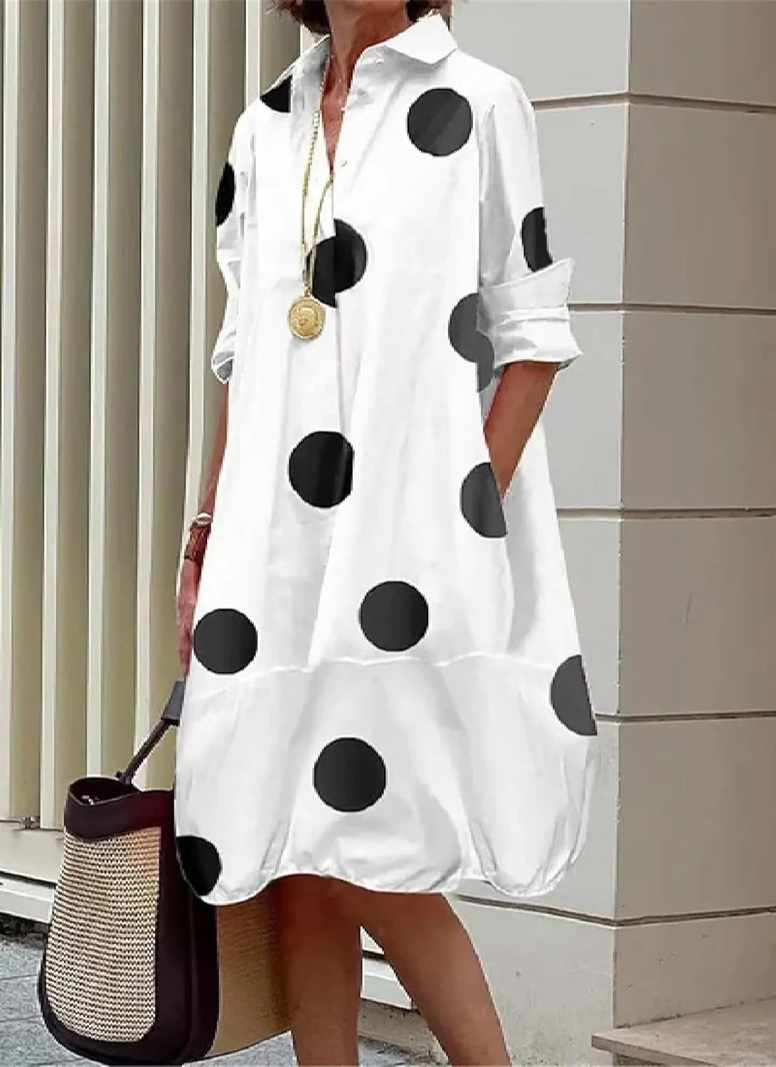 Womens Summer Dress Long Sleeve V Neck Midi Dresses Fashion Casual Fit Flowy Polka Dot Shirt Vacation Sundress