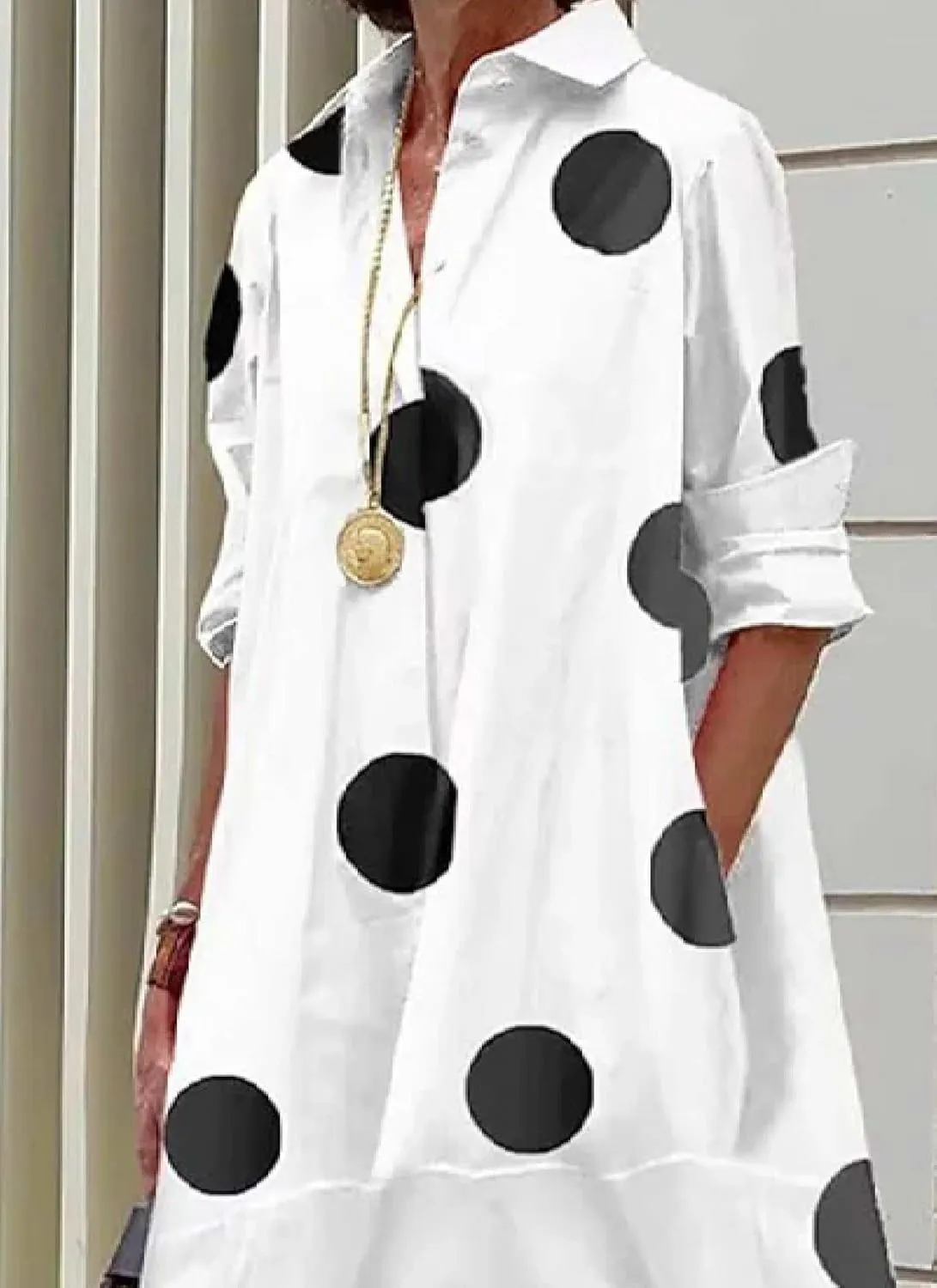 Womens Summer Dress Long Sleeve V Neck Midi Dresses Fashion Casual Fit Flowy Polka Dot Shirt Vacation Sundress