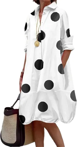 Womens Summer Dress Long Sleeve V Neck Midi Dresses Fashion Casual Fit Flowy Polka Dot Shirt Vacation Sundress