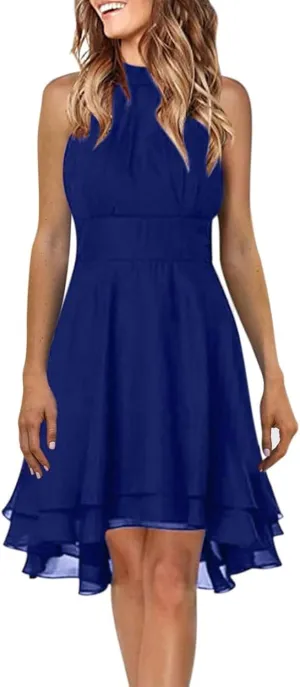 Women's Summer Dress Sleeveless Halter Neck Pletaed High Low Chiffon Tiered Layered Flowy Dress Party Wedding Outfits