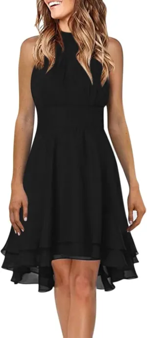 Women's Summer Dress Sleeveless Halter Neck Pletaed High Low Chiffon Tiered Layered Flowy Dress Party Wedding Outfits