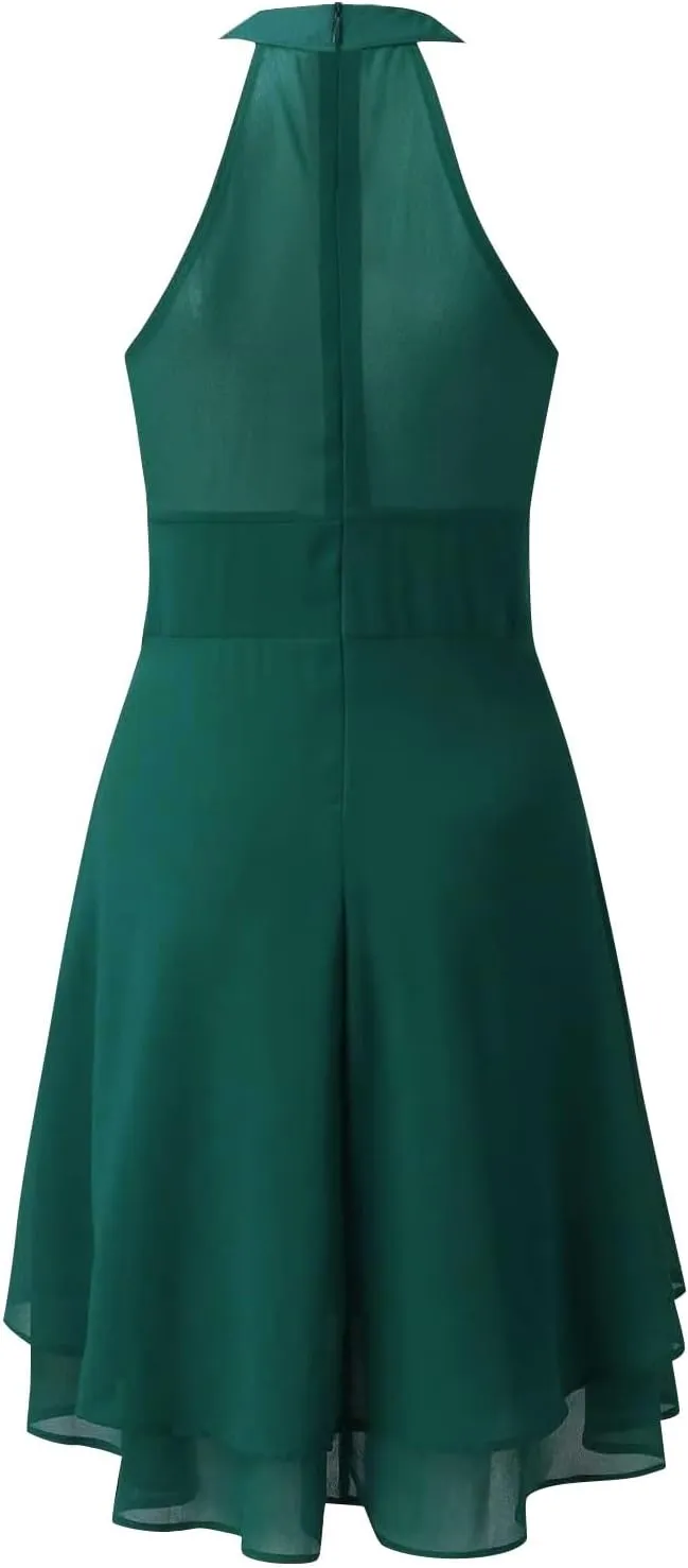 Women's Summer Dress Sleeveless Halter Neck Pletaed High Low Chiffon Tiered Layered Flowy Dress Party Wedding Outfits