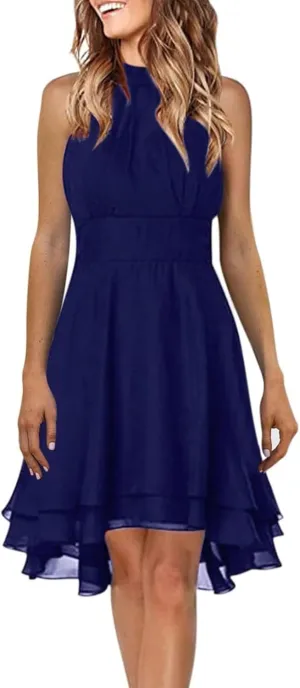 Women's Summer Dress Sleeveless Halter Neck Pletaed High Low Chiffon Tiered Layered Flowy Dress Party Wedding Outfits