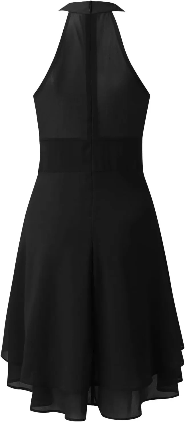 Women's Summer Dress Sleeveless Halter Neck Pletaed High Low Chiffon Tiered Layered Flowy Dress Party Wedding Outfits