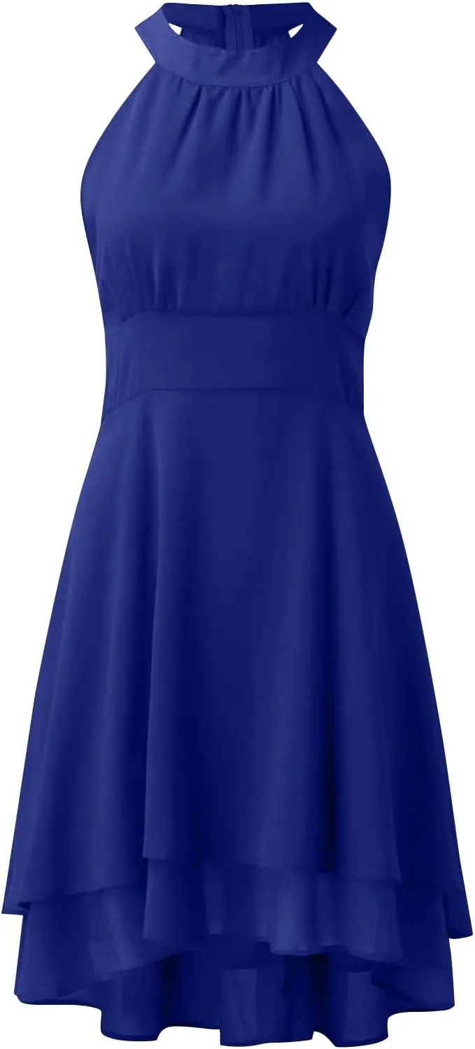 Women's Summer Dress Sleeveless Halter Neck Pletaed High Low Chiffon Tiered Layered Flowy Dress Party Wedding Outfits