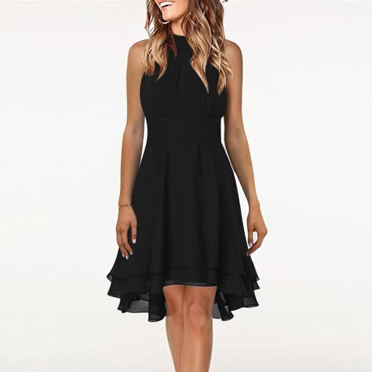 Women's Summer Dress Sleeveless Halter Neck Pletaed High Low Chiffon Tiered Layered Flowy Dress Party Wedding Outfits