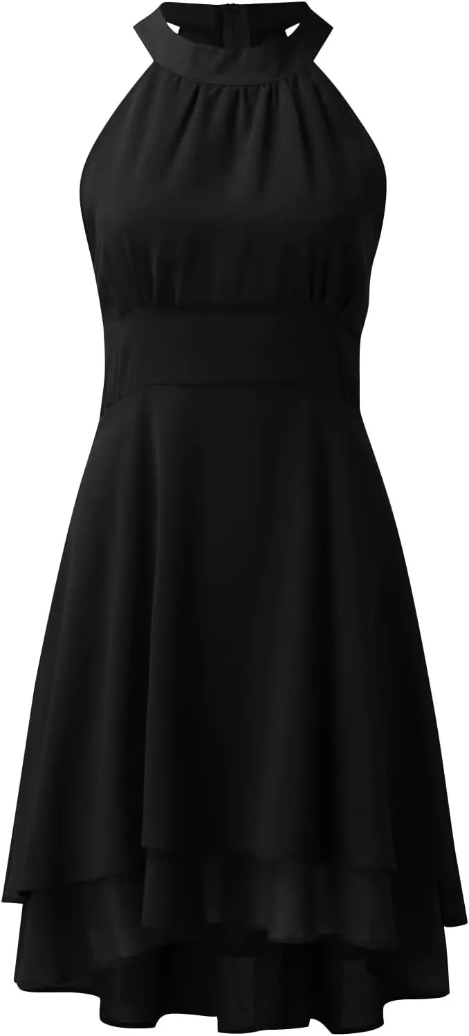 Women's Summer Dress Sleeveless Halter Neck Pletaed High Low Chiffon Tiered Layered Flowy Dress Party Wedding Outfits