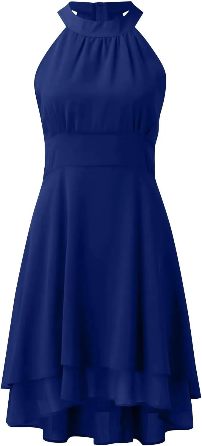 Women's Summer Dress Sleeveless Halter Neck Pletaed High Low Chiffon Tiered Layered Flowy Dress Party Wedding Outfits