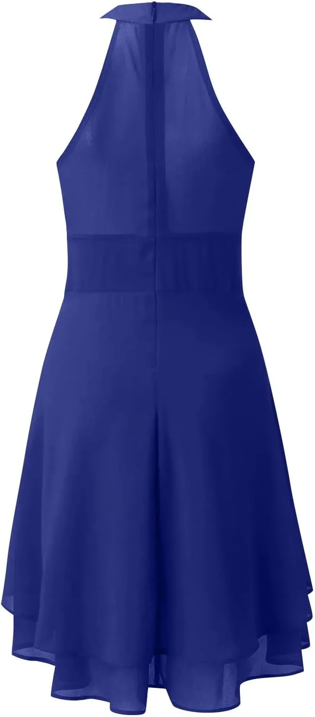 Women's Summer Dress Sleeveless Halter Neck Pletaed High Low Chiffon Tiered Layered Flowy Dress Party Wedding Outfits