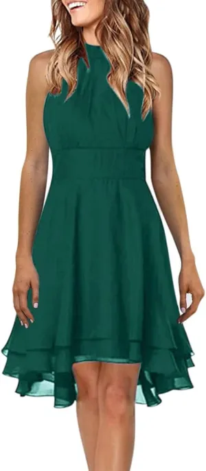 Women's Summer Dress Sleeveless Halter Neck Pletaed High Low Chiffon Tiered Layered Flowy Dress Party Wedding Outfits