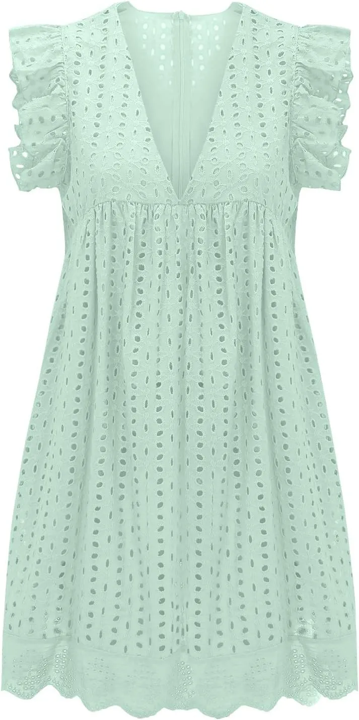 Womens Summer Dresses Cap Sleeve Babydoll Eyelet Ruffle V Neck Mini Dress Plus Size Casual Loose Sundress with Pockets Party