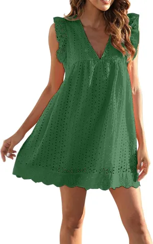 Womens Summer Dresses Cap Sleeve Babydoll Eyelet Ruffle V Neck Mini Dress Plus Size Casual Loose Sundress with Pockets Party