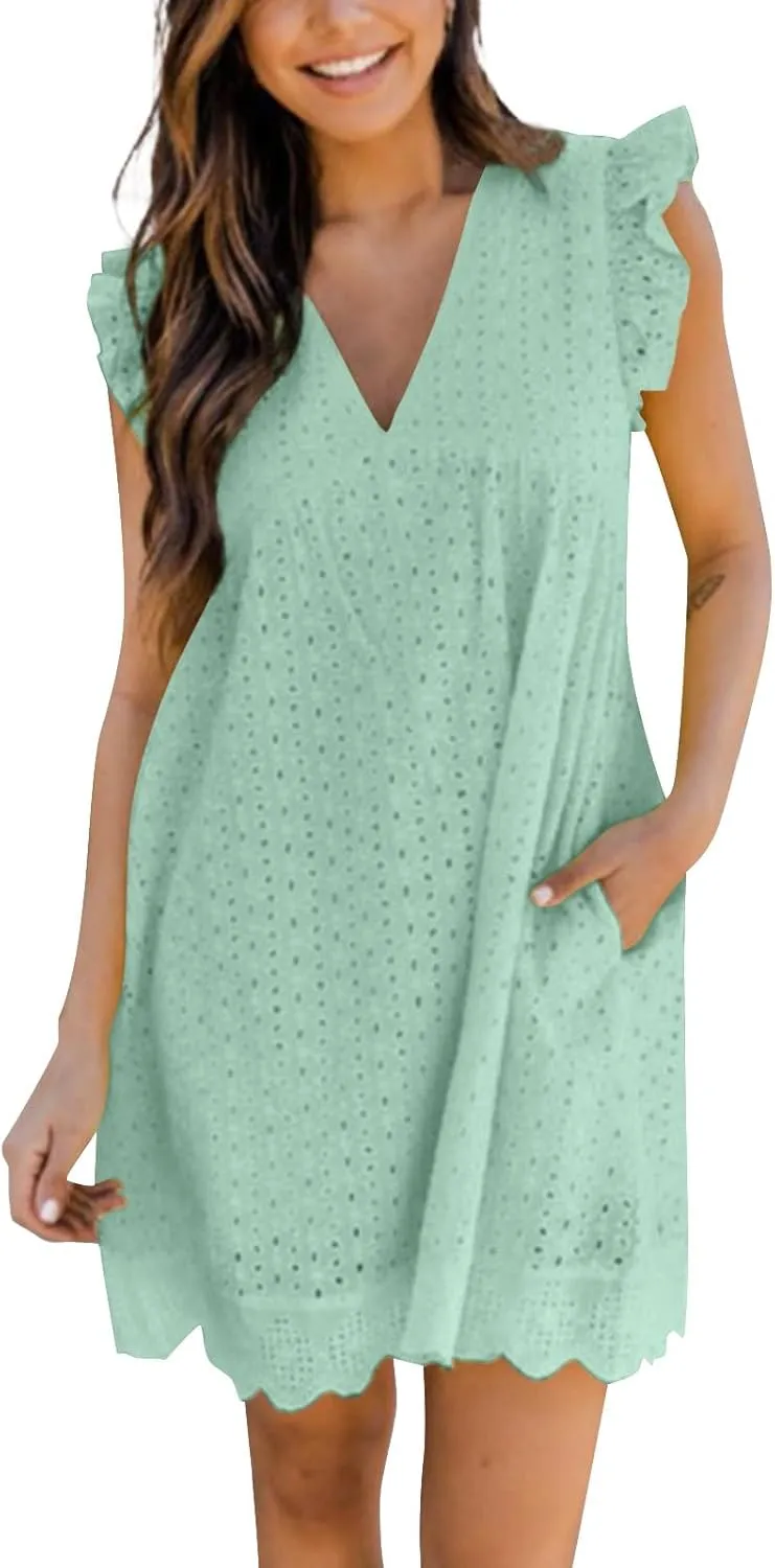 Womens Summer Dresses Cap Sleeve Babydoll Eyelet Ruffle V Neck Mini Dress Plus Size Casual Loose Sundress with Pockets Party