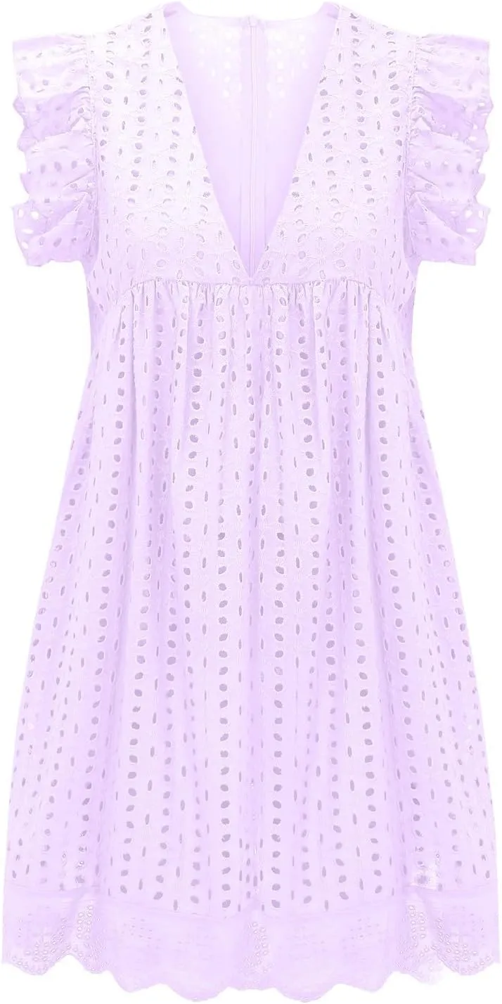 Womens Summer Dresses Cap Sleeve Babydoll Eyelet Ruffle V Neck Mini Dress Plus Size Casual Loose Sundress with Pockets Party