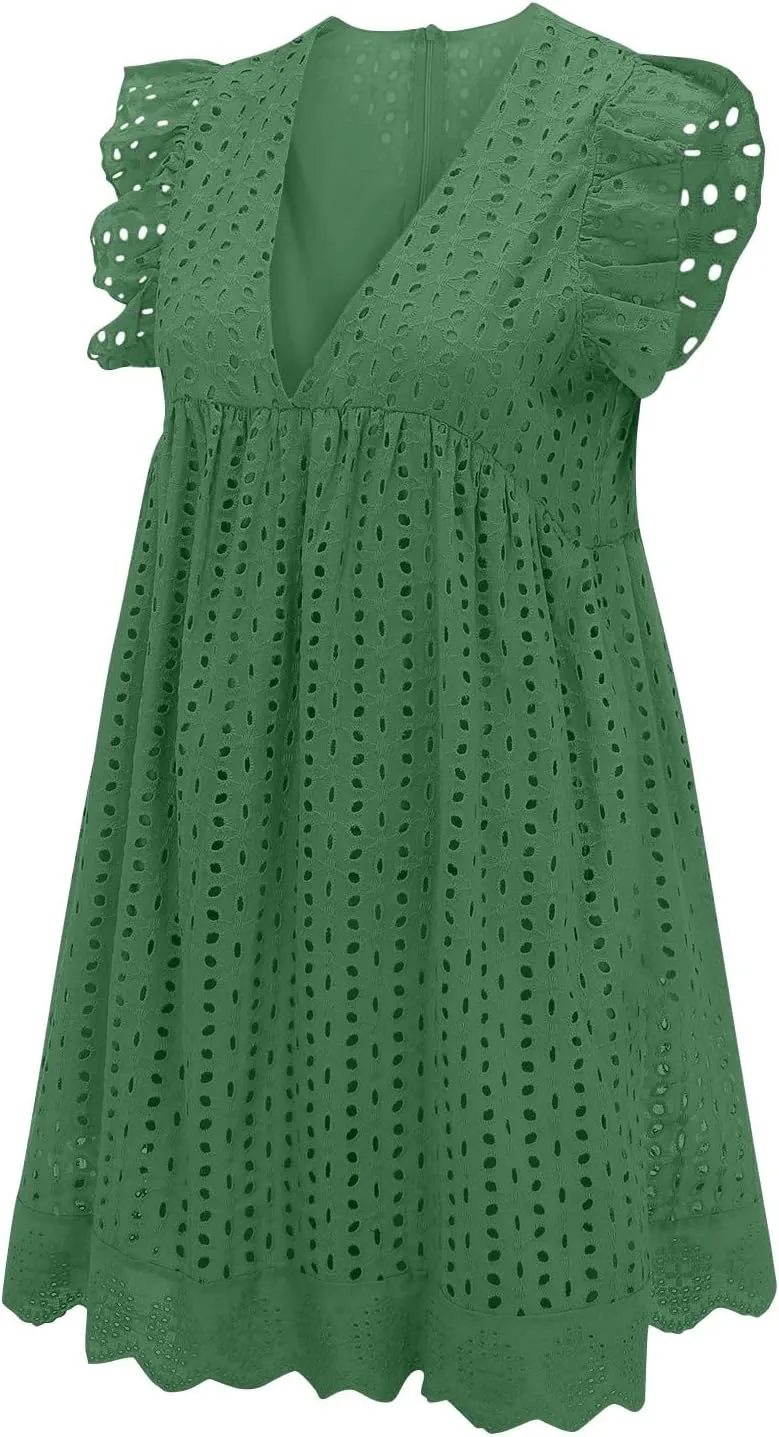 Womens Summer Dresses Cap Sleeve Babydoll Eyelet Ruffle V Neck Mini Dress Plus Size Casual Loose Sundress with Pockets Party