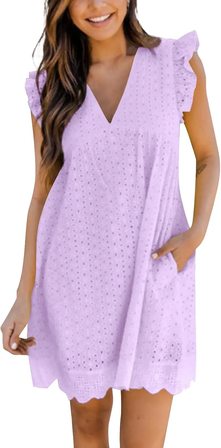 Womens Summer Dresses Cap Sleeve Babydoll Eyelet Ruffle V Neck Mini Dress Plus Size Casual Loose Sundress with Pockets Party