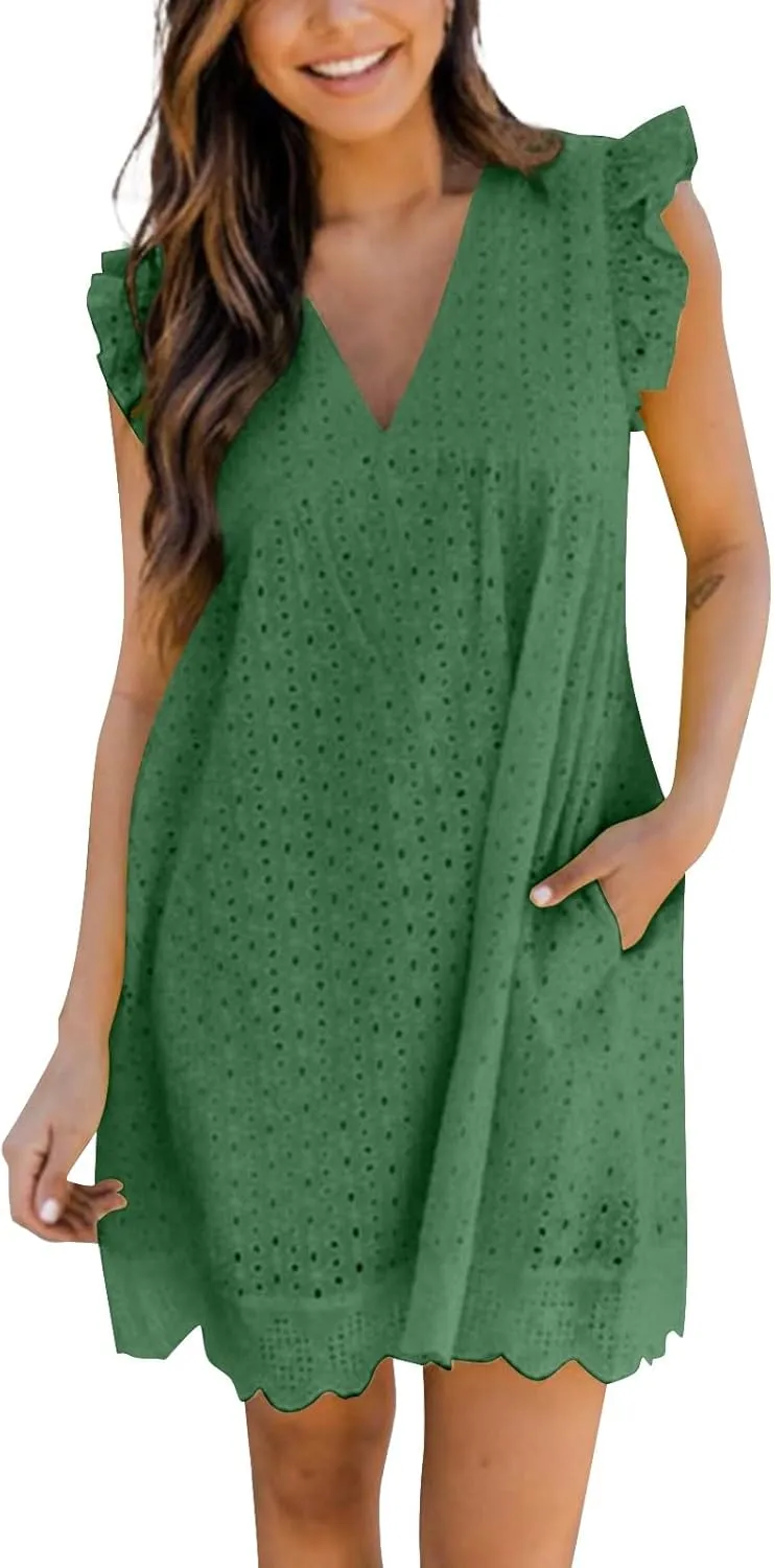 Womens Summer Dresses Cap Sleeve Babydoll Eyelet Ruffle V Neck Mini Dress Plus Size Casual Loose Sundress with Pockets Party