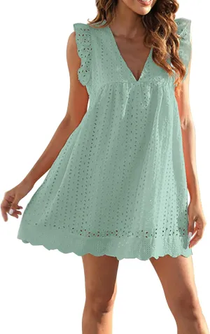 Womens Summer Dresses Cap Sleeve Babydoll Eyelet Ruffle V Neck Mini Dress Plus Size Casual Loose Sundress with Pockets Party