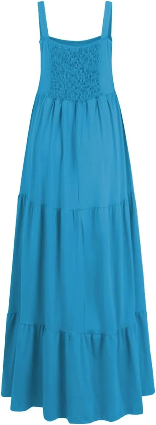 Women's Summer Dresses Halter Neck Sleeveless Smocked Backless Floral Flowy Tiered A Line Boho Beach Maxi Dress