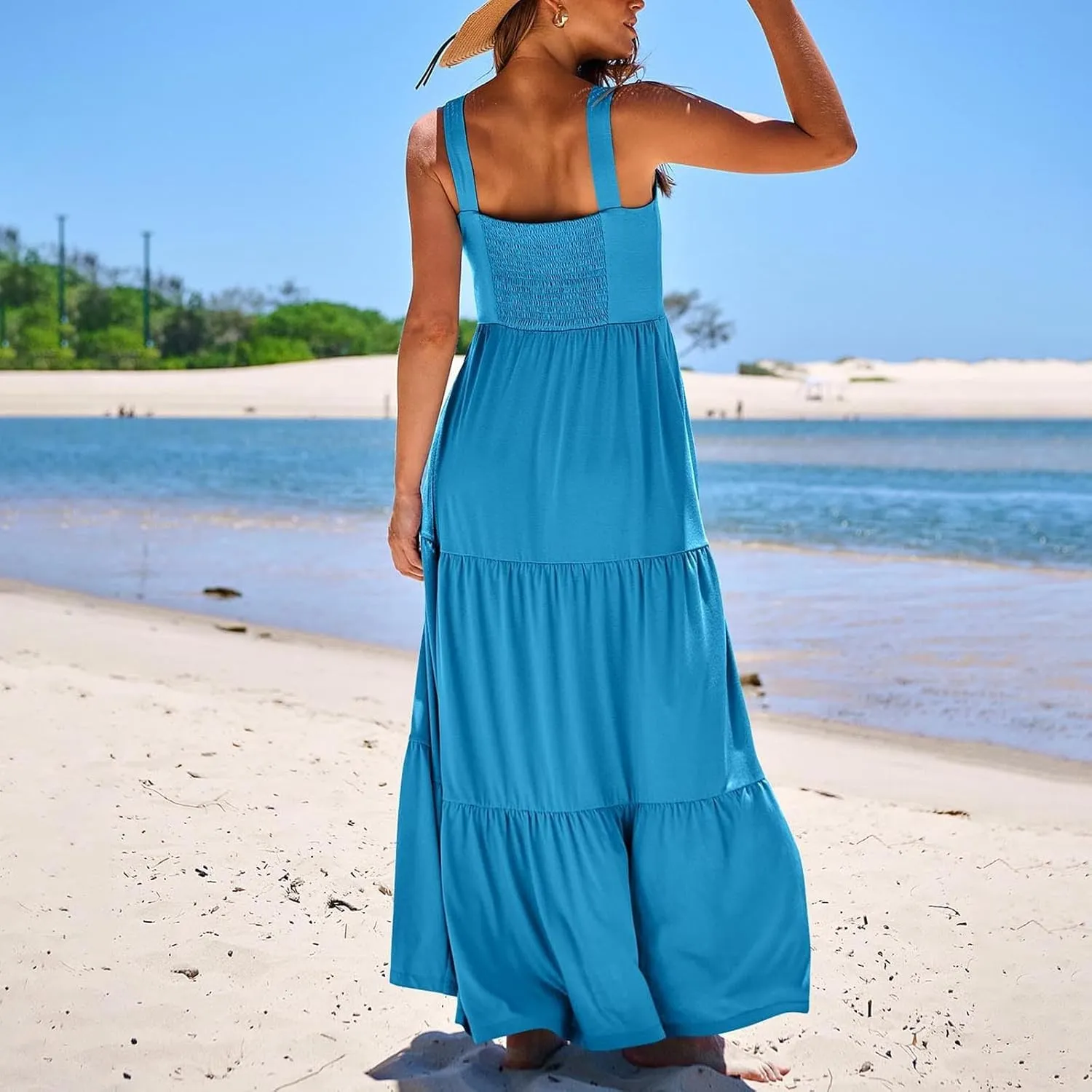 Women's Summer Dresses Halter Neck Sleeveless Smocked Backless Floral Flowy Tiered A Line Boho Beach Maxi Dress