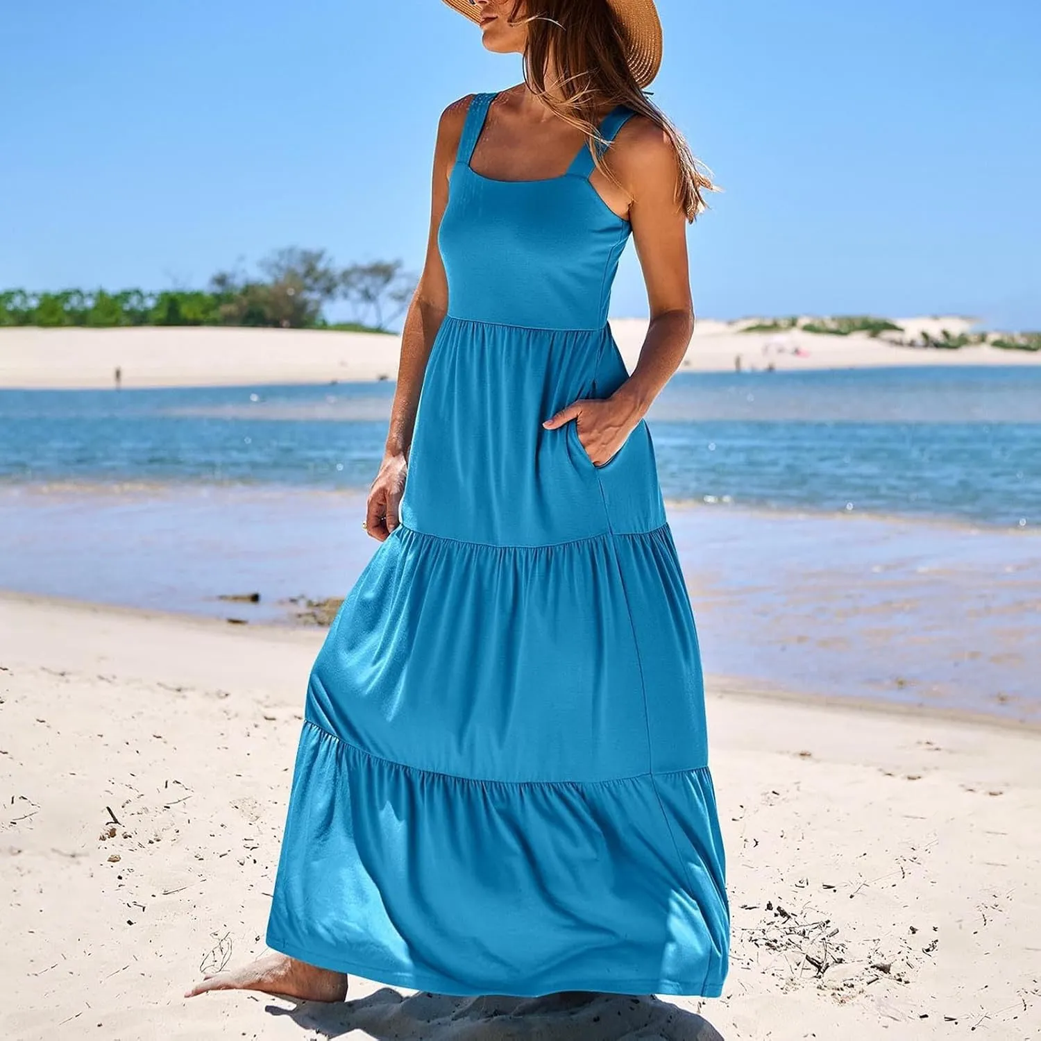 Women's Summer Dresses Halter Neck Sleeveless Smocked Backless Floral Flowy Tiered A Line Boho Beach Maxi Dress