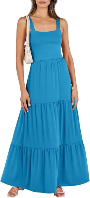 Women's Summer Dresses Halter Neck Sleeveless Smocked Backless Floral Flowy Tiered A Line Boho Beach Maxi Dress